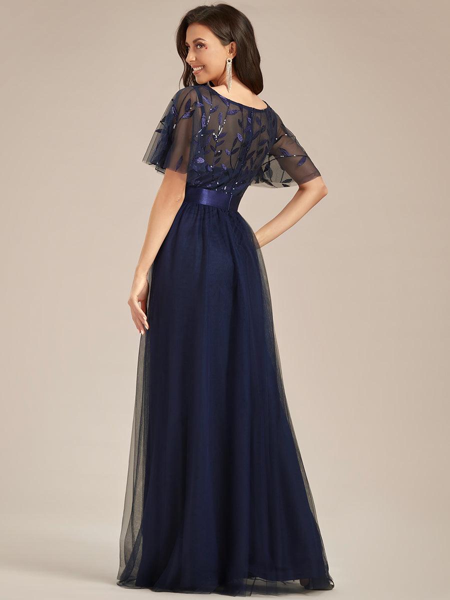 Robe de demoiselle d'honneur Brod¡§|es ¡§¡è manches courtes en ligne A pour femmes #Couleur_Bleu Marine