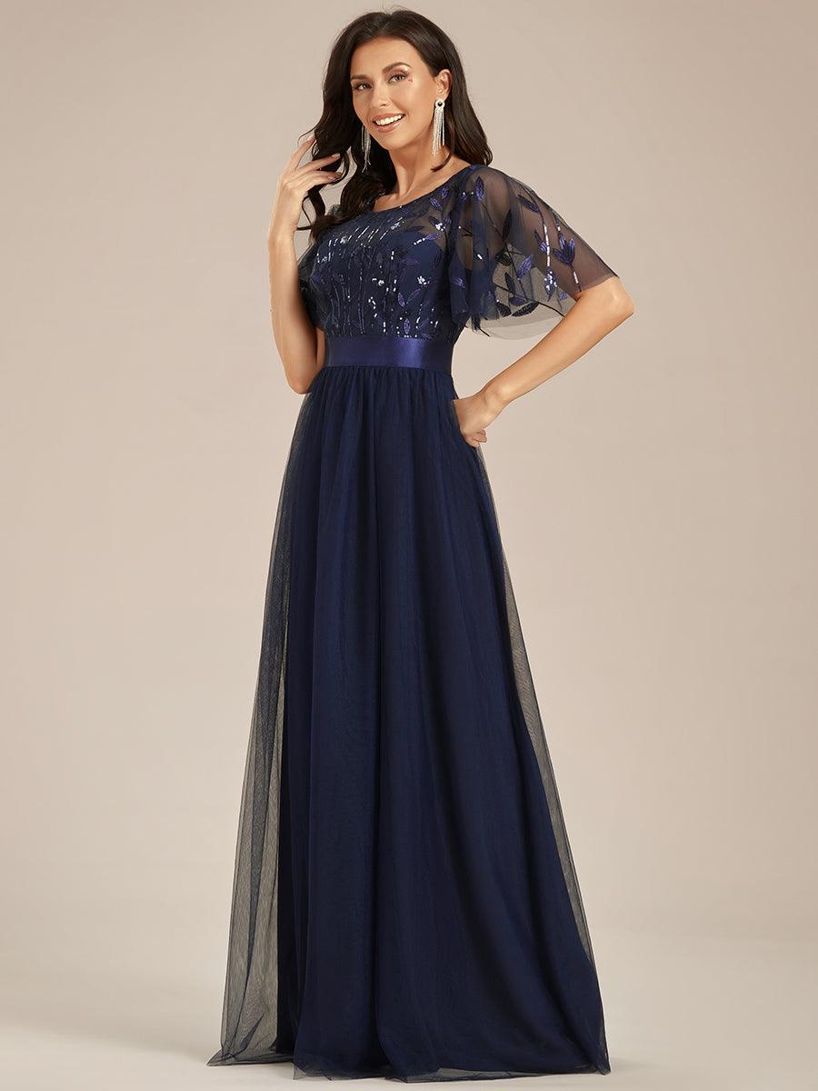 Robe de demoiselle d'honneur Brodées à manches courtes en ligne A pour femmes #Couleur_Bleu Marine