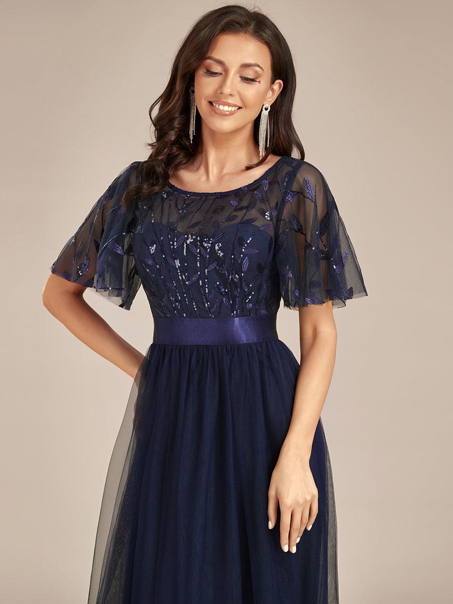 Robe de demoiselle d'honneur Brodées à manches courtes en ligne A pour femmes #Couleur_Bleu Marine