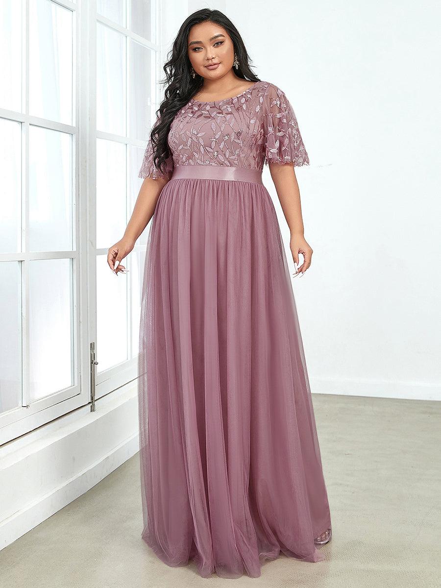 Robe de soirée brodée à manches courtes pour femmes de Grande taille #Couleur_Orchidee