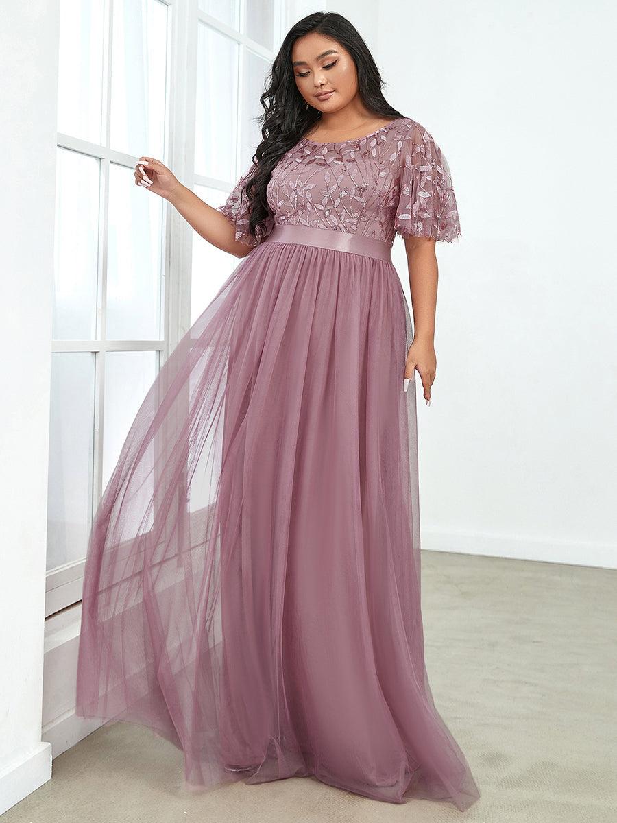Robe de soirée brodée à manches courtes pour femmes de Grande taille #Couleur_Orchidee