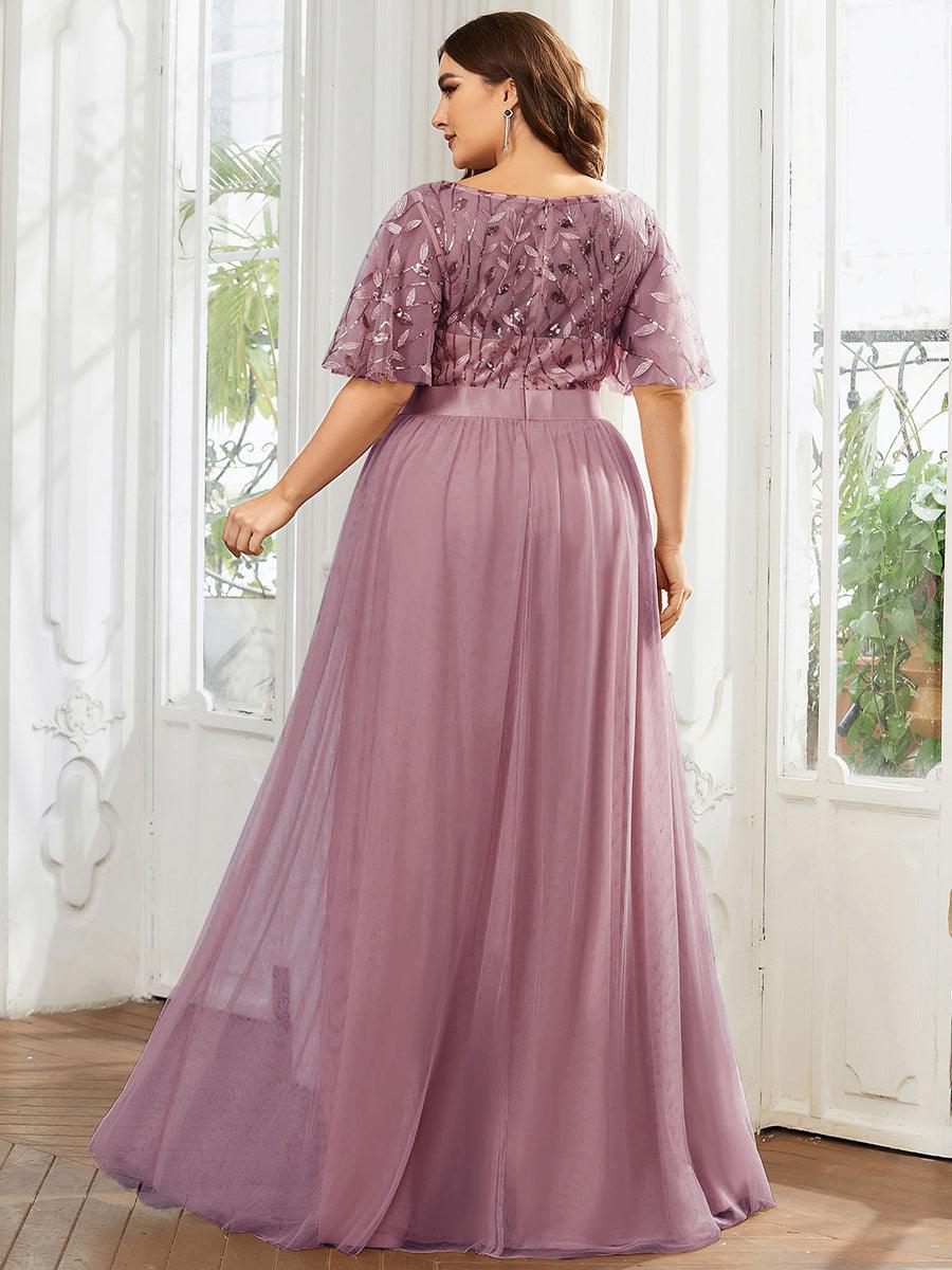Robe de soirée brodée à manches courtes pour femmes de Grande taille #Couleur_Orchidee