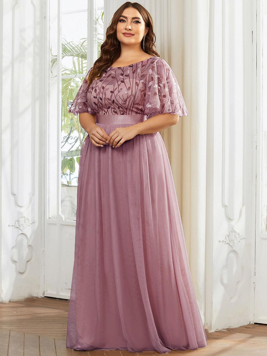 Robe de soirée brodée à manches courtes pour femmes de Grande taille #Couleur_Orchidee