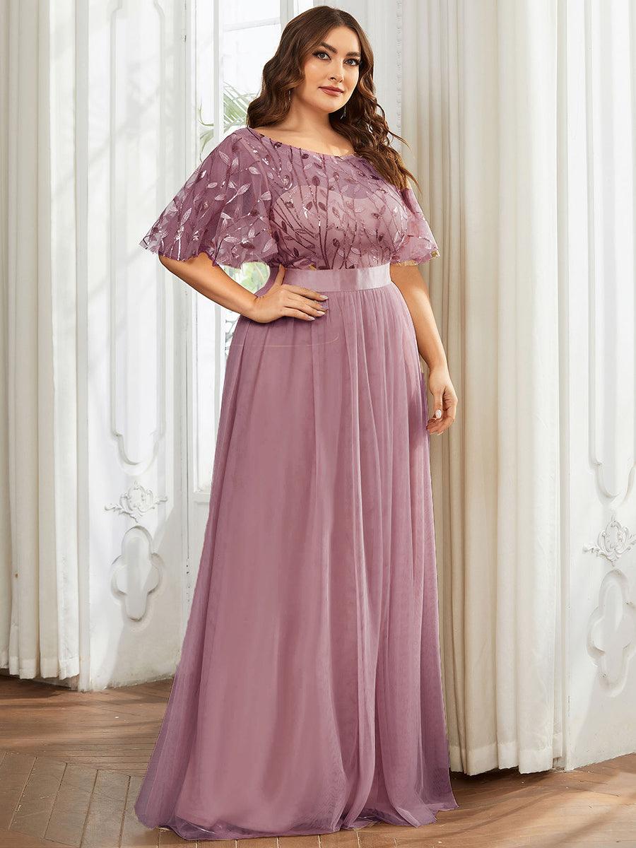 Robe de soirée brodée à manches courtes pour femmes de Grande taille #Couleur_Orchidee