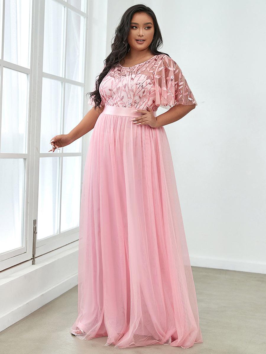 Robe de soirée brodée à manches courtes pour femmes de Grande taille #Couleur_Rose