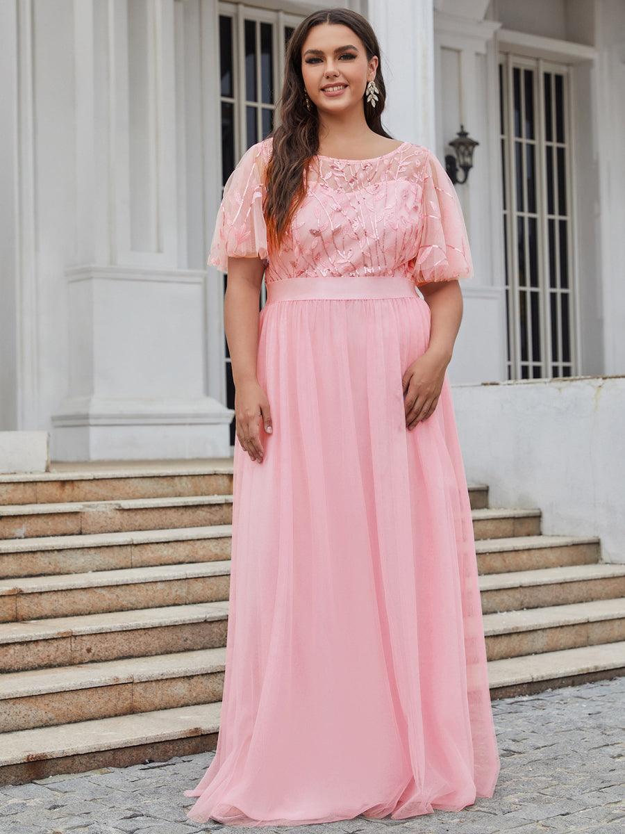 Robe de soirée brodée à manches courtes pour femmes de Grande taille #Couleur_Rose