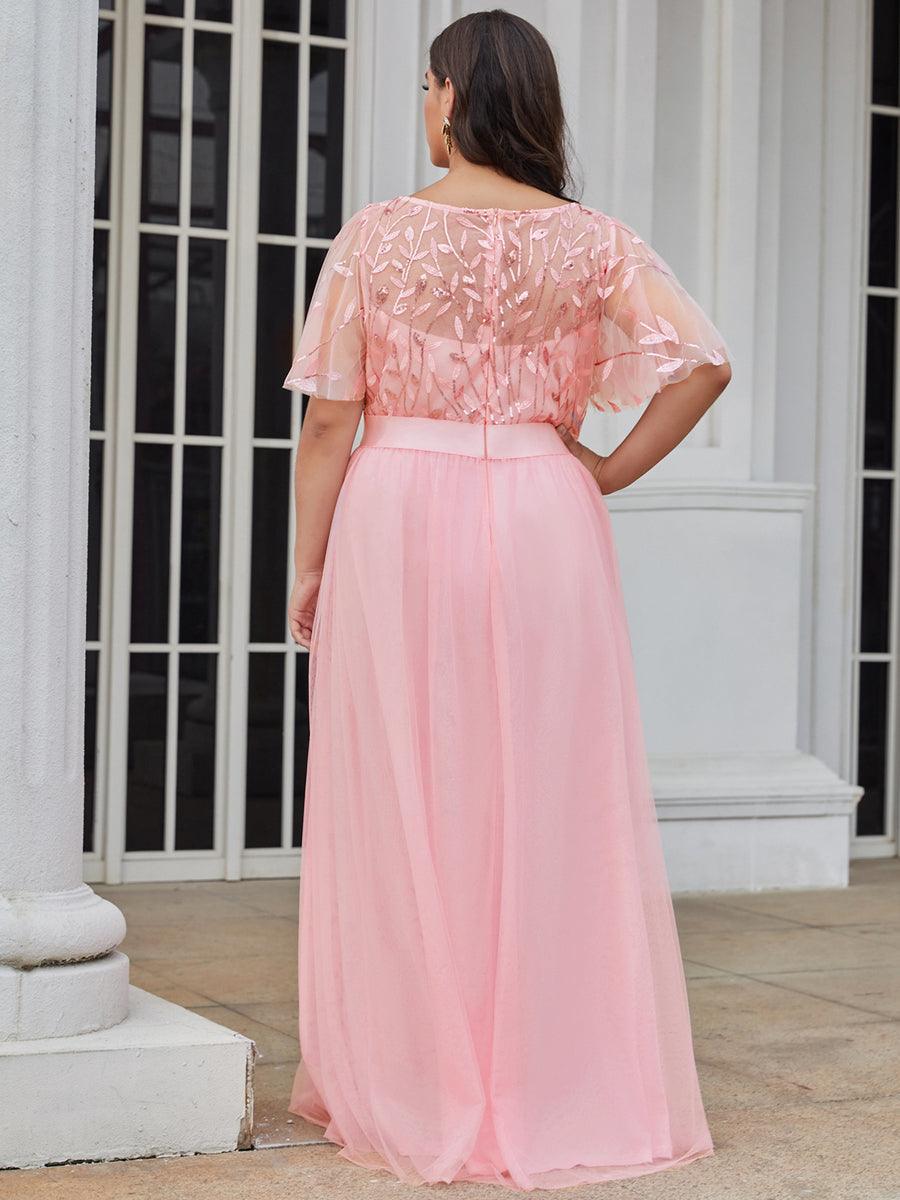 Robe de soirée brodée à manches courtes pour femmes de Grande taille #Couleur_Rose