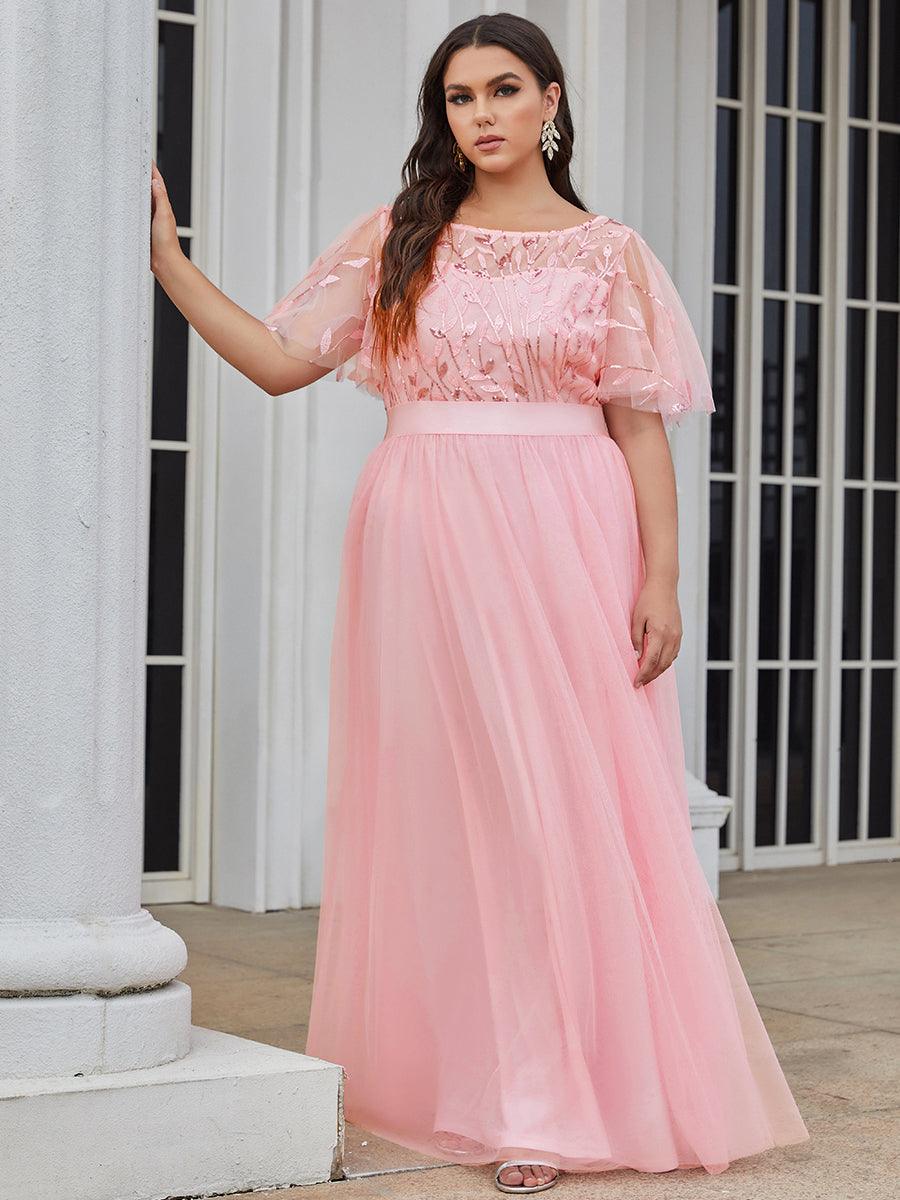 Robe de soirée brodée à manches courtes pour femmes de Grande taille #Couleur_Rose