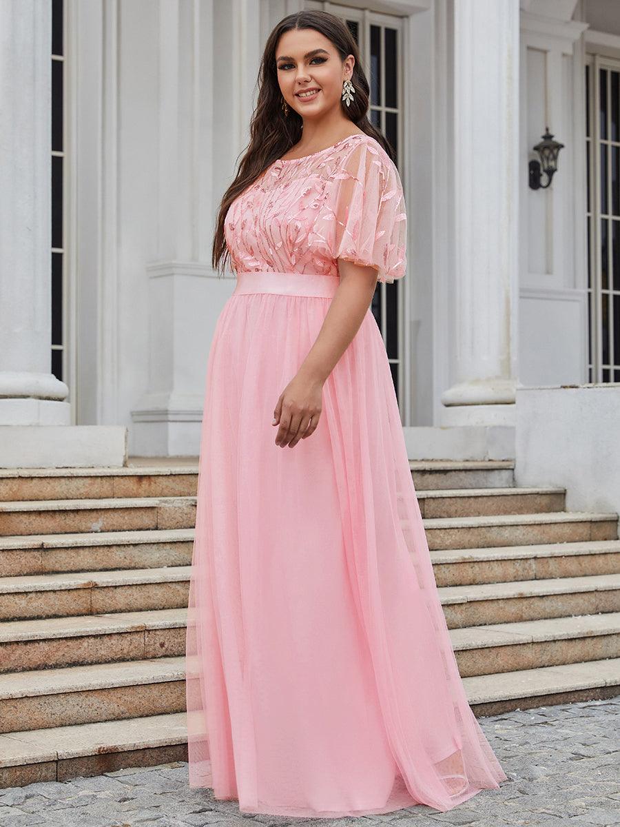 Robe de soirée brodée à manches courtes pour femmes de Grande taille #Couleur_Rose