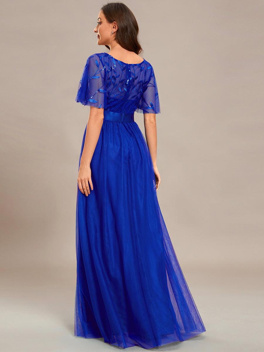 Robes de soirée brodées à manches courtes A-Line pour femmes #Couleur_Bleu Saphir