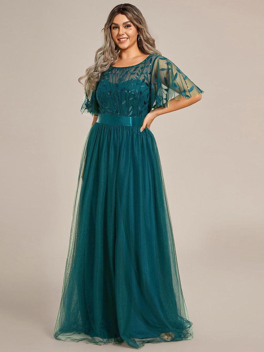 Robe de soirée brodée à manches courtes pour femmes de Grande taille #Couleur_Bleu Sarcelle