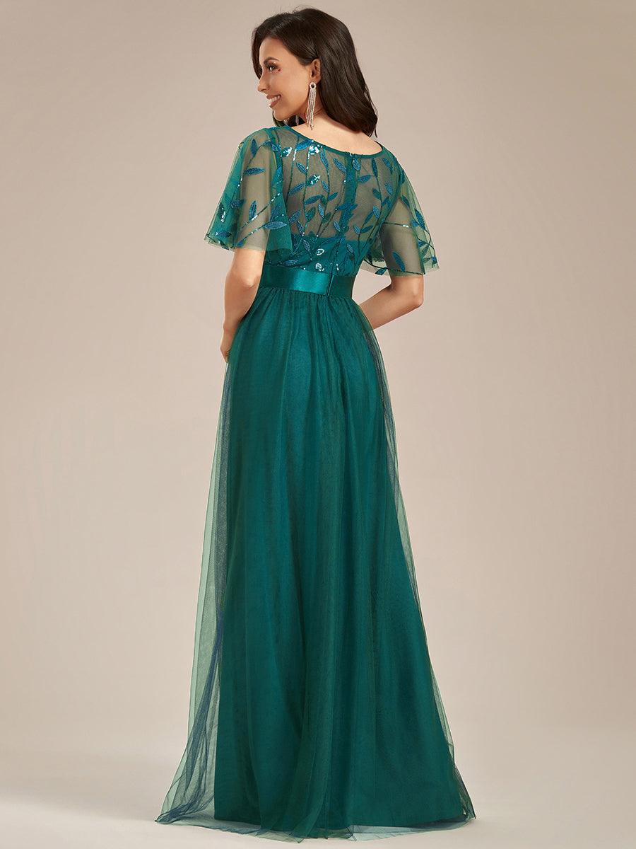 Robe de demoiselle d'honneur Brodées à manches courtes en ligne A pour femmes #Couleur_Bleu Sarcelle