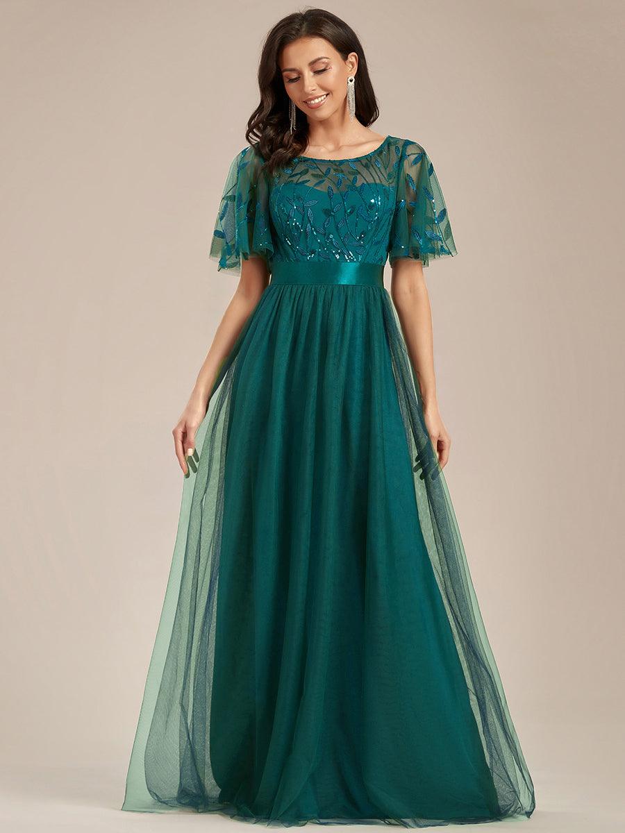Robe de demoiselle d'honneur Brodées à manches courtes en ligne A pour femmes #Couleur_Bleu Sarcelle