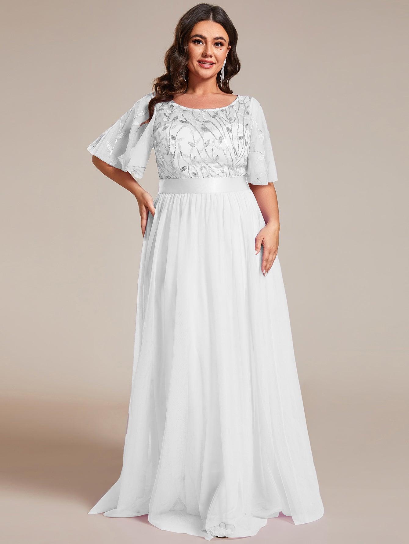 Robe de soirée brodée à manches courtes pour femmes de Grande taille #Couleur_Blanc