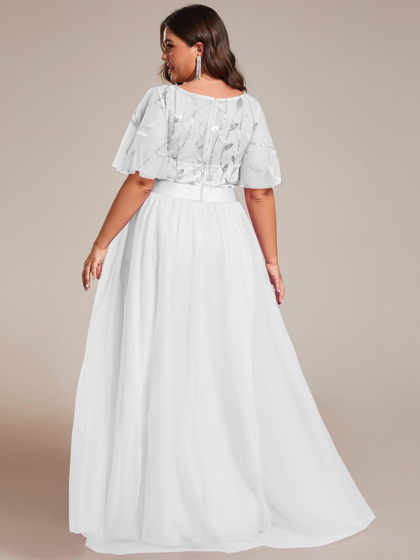 Robe de soirée brodée à manches courtes pour femmes de Grande taille #Couleur_Blanc