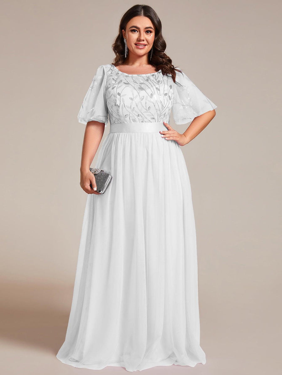 Robe de soirée brodée à manches courtes pour femmes de Grande taille #Couleur_Blanc