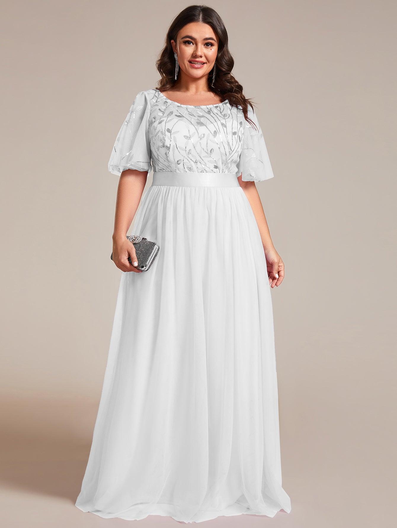 Robe de soirée brodée à manches courtes pour femmes de Grande taille #Couleur_Blanc