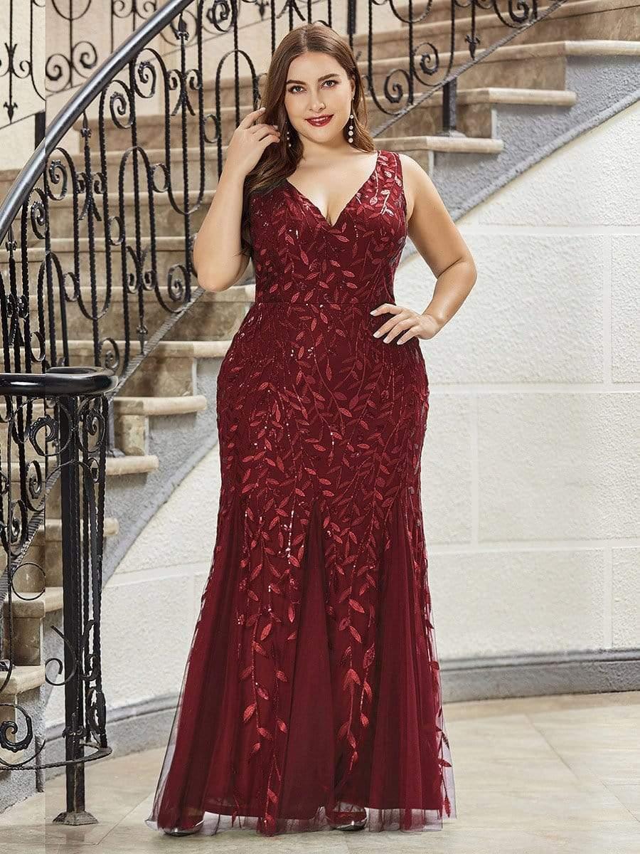 Robe de soirée Longue Sexy en sequins col en V pour femmes #Couleur_Bordeaux