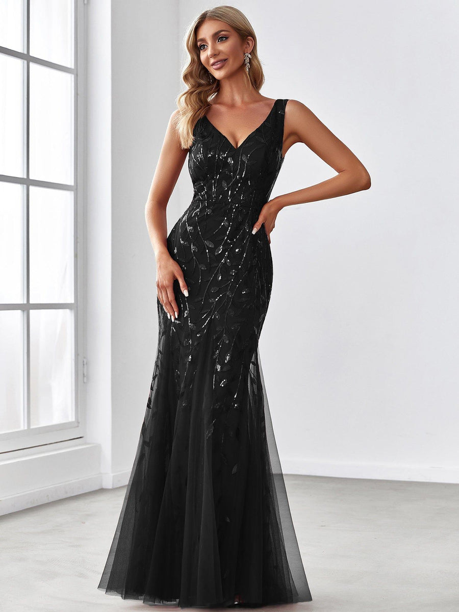 Robe de soirée Longue Sexy en sequins col en V pour femmes #Couleur_Noir