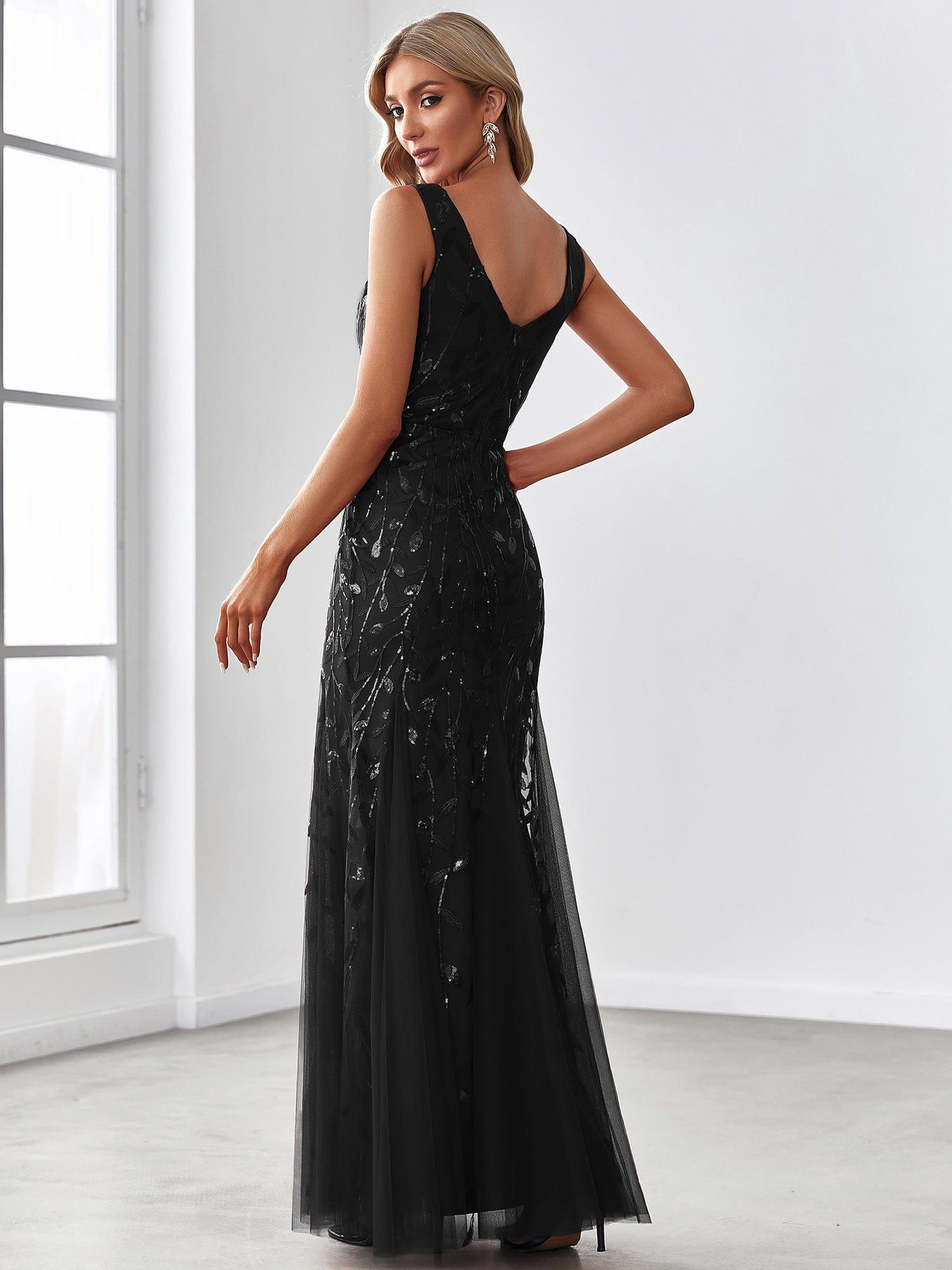 Robe de soirée Longue Sexy en sequins col en V pour femmes #Couleur_Noir