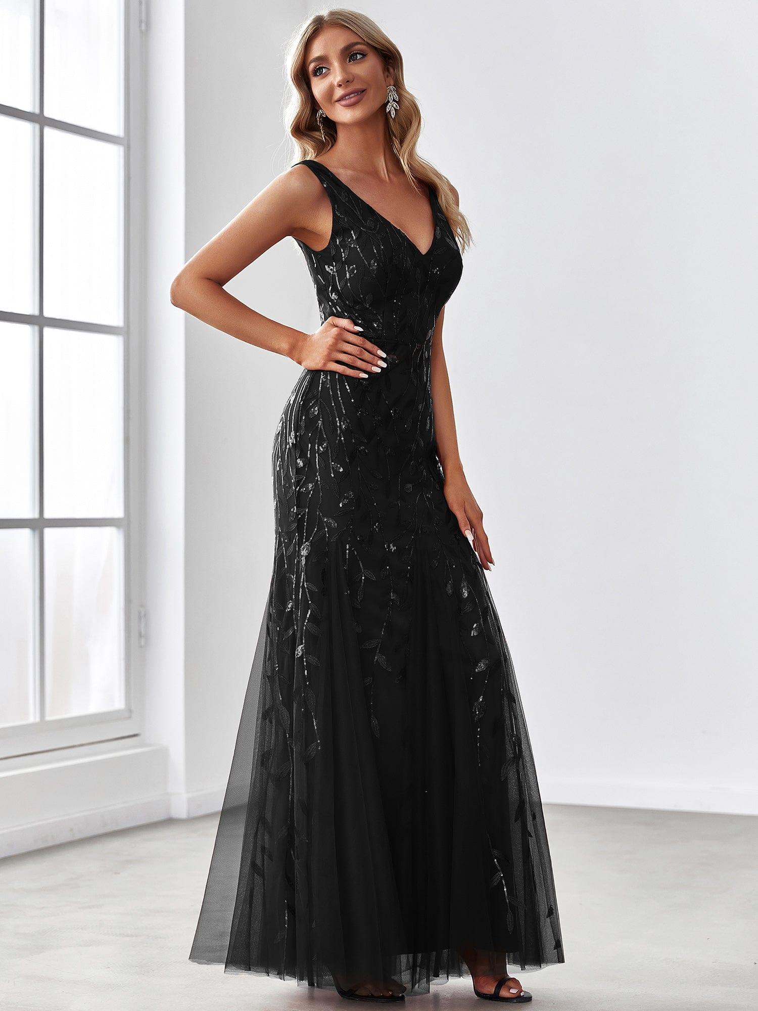 Robe de soirée Longue Sexy en sequins col en V pour femmes #Couleur_Noir