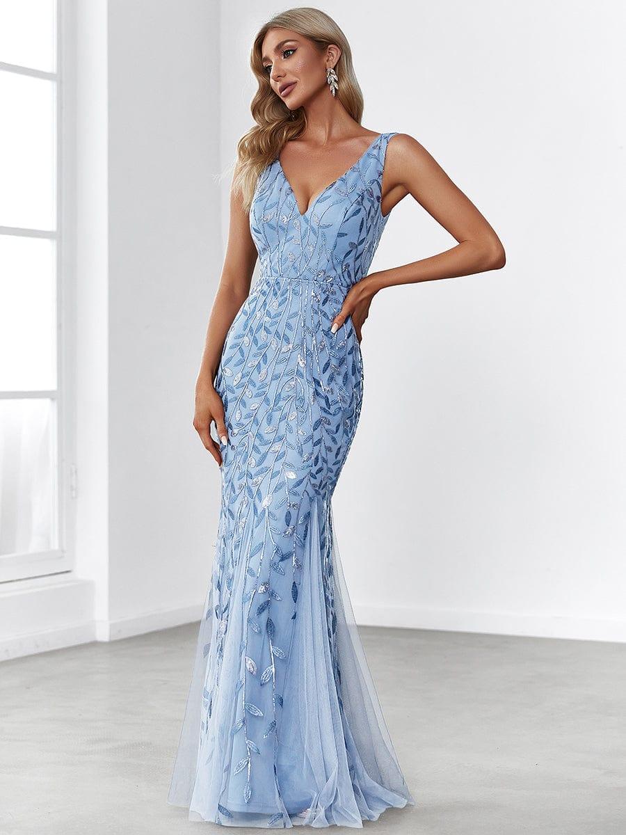 Robe de soirée Longue Sexy en sequins col en V pour femmes #Couleur_Bleu Ciel
