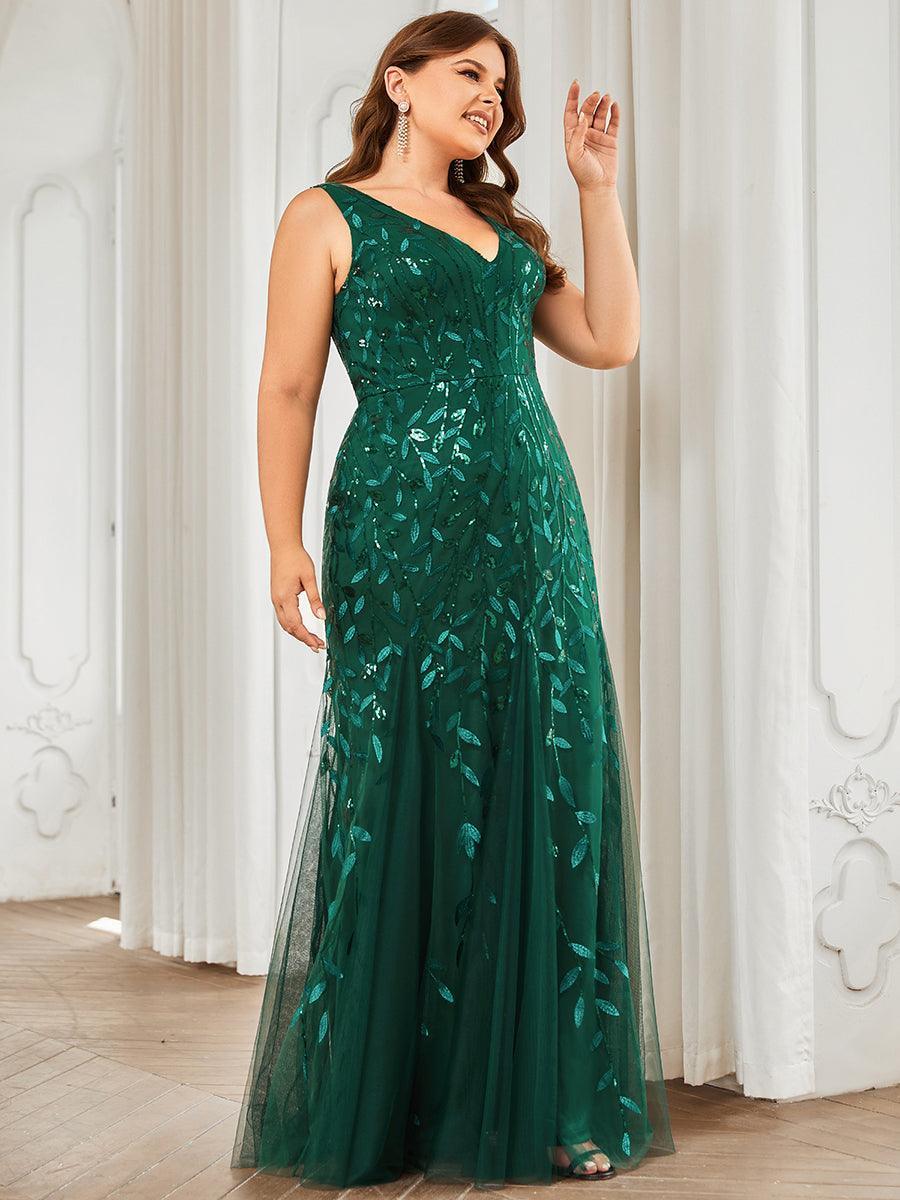 Robe de soirée Longue Sexy en sequins col en V pour femmes #Couleur_Vert Fonce