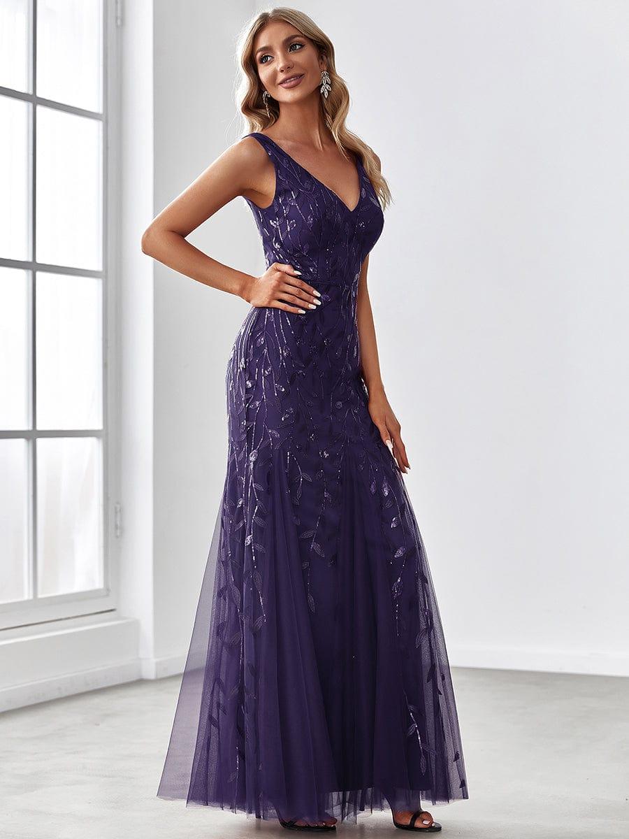 Robe de soirée Longue Sexy en sequins col en V pour femmes #Couleur_Violet Fonce