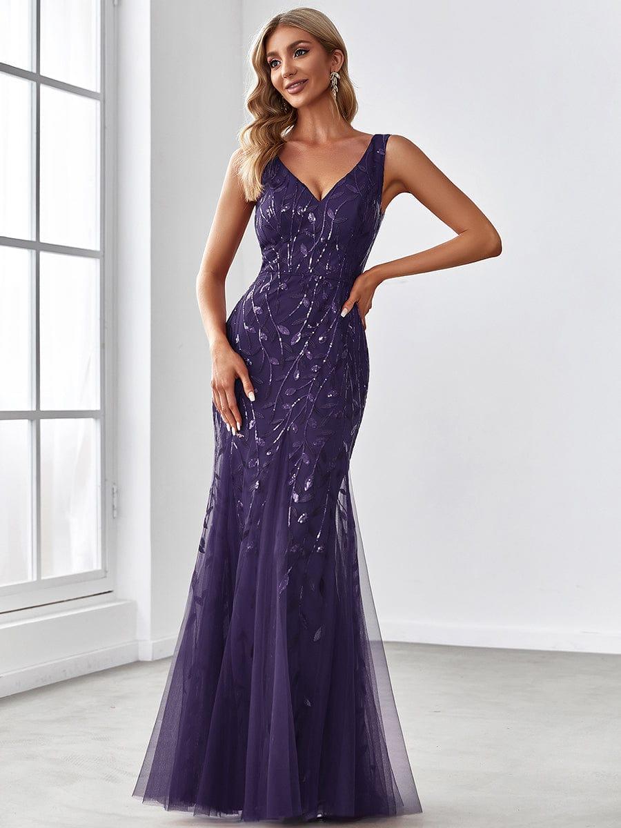 Robe de soirée Longue Sexy en sequins col en V pour femmes #Couleur_Violet Fonce