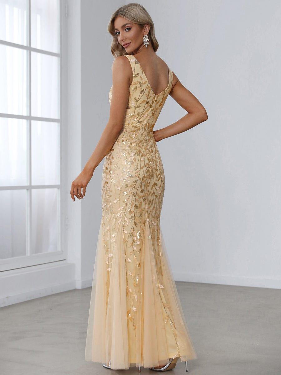 Robe de soirée Longue Sexy en sequins col en V pour femmes #Couleur_Dorée