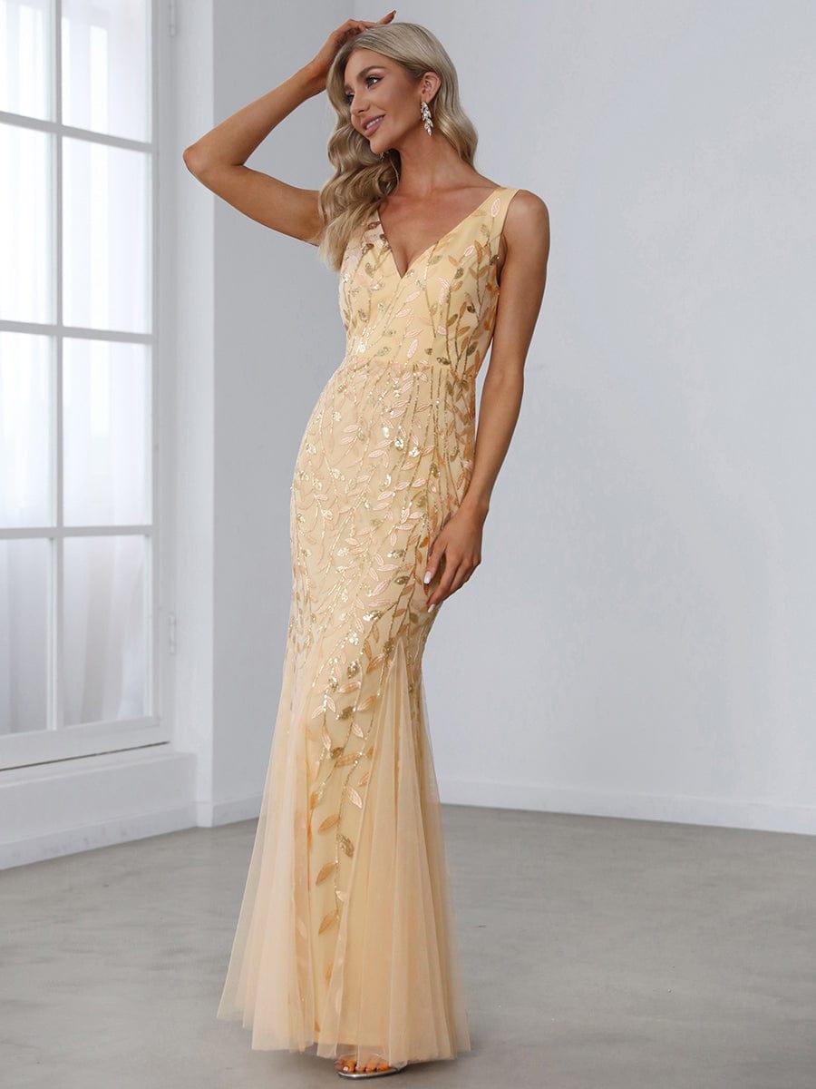 Robe de soirée Longue Sexy en sequins col en V pour femmes #Couleur_Dorée