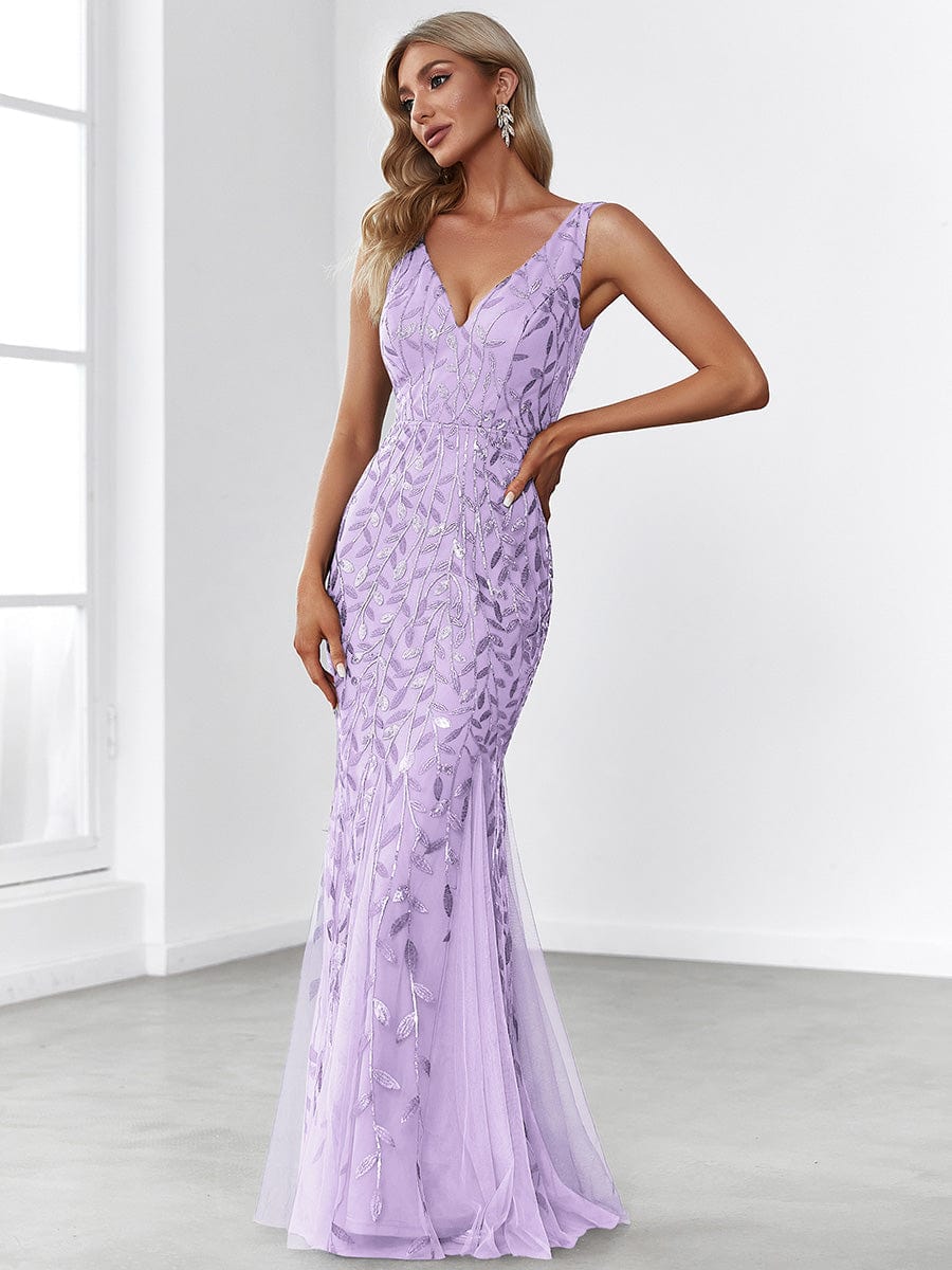 Robe de soirée Longue Sexy en sequins col en V pour femmes #Couleur_Lavande