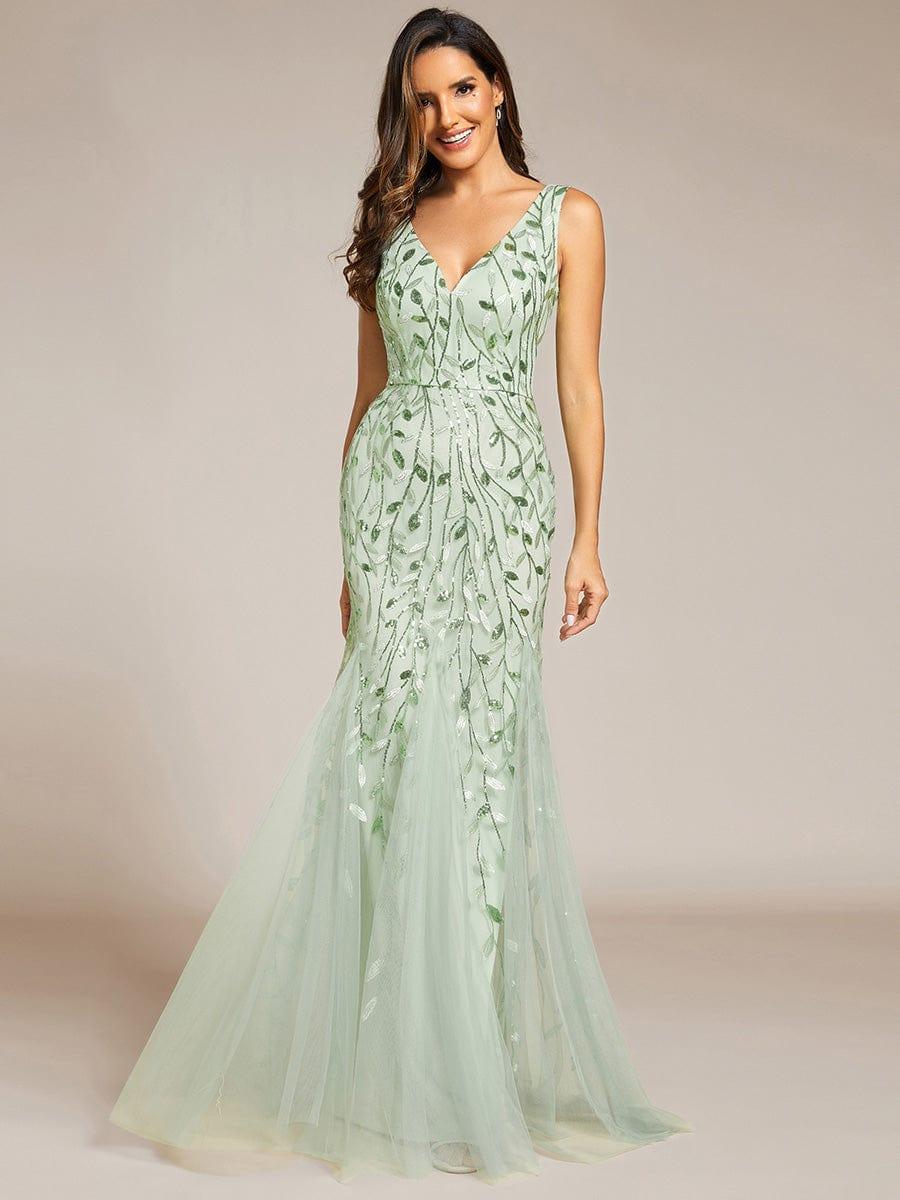 Robe de soirée Longue Sexy en sequins col en V pour femmes #Couleur_Menthe Verte