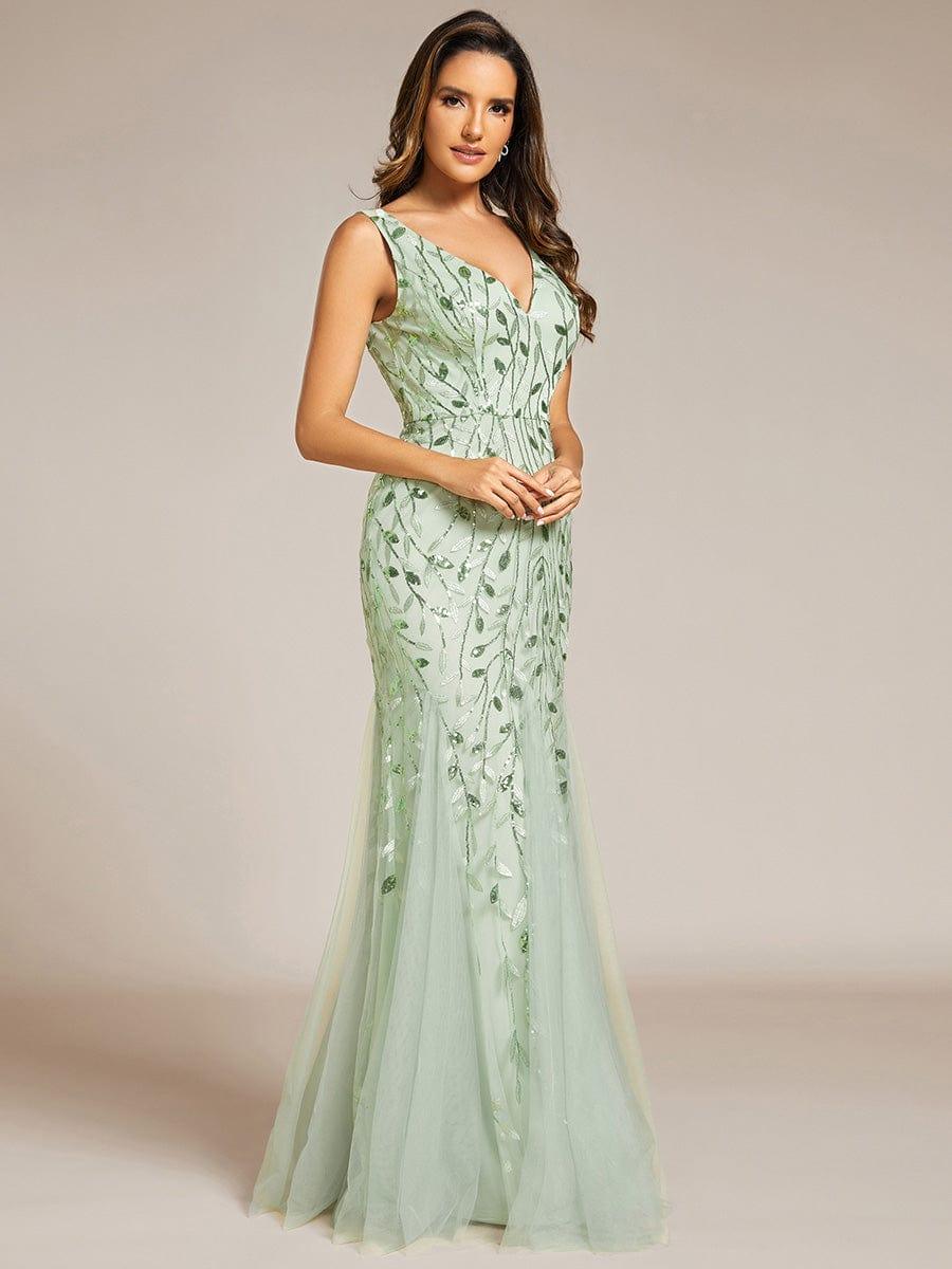 Robe de soirée Longue Sexy en sequins col en V pour femmes #Couleur_Menthe Verte