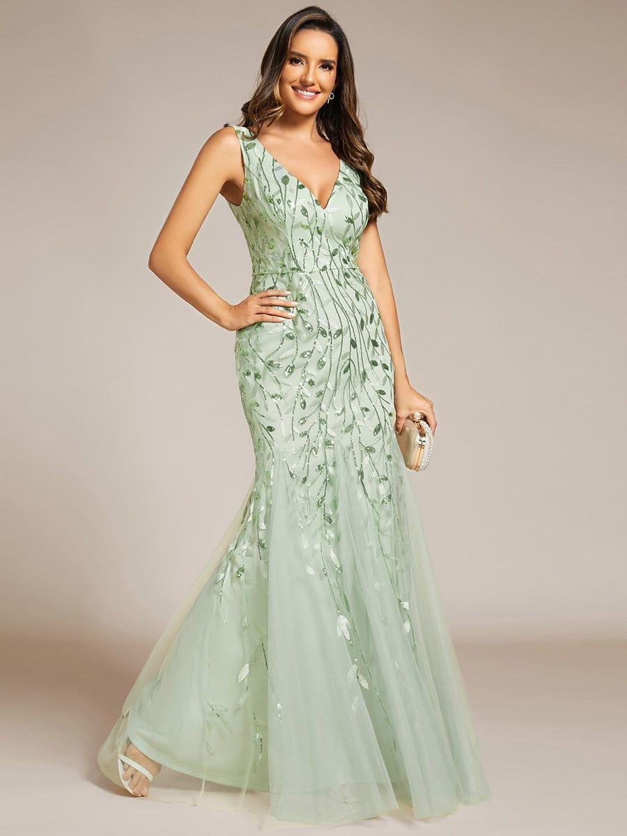 Robe de soirée Longue Sexy en sequins col en V pour femmes #Couleur_Menthe Verte
