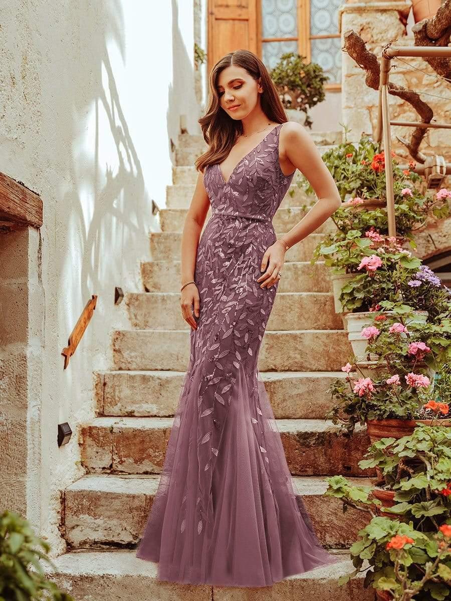 Robe de soirée Longue Sexy en sequins col en V pour femmes #Couleur_Orchidee