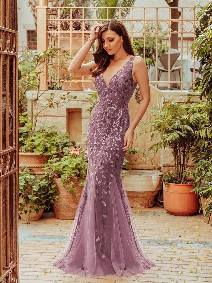 Robe de soirée Longue Sexy en sequins col en V pour femmes #Couleur_Orchidee