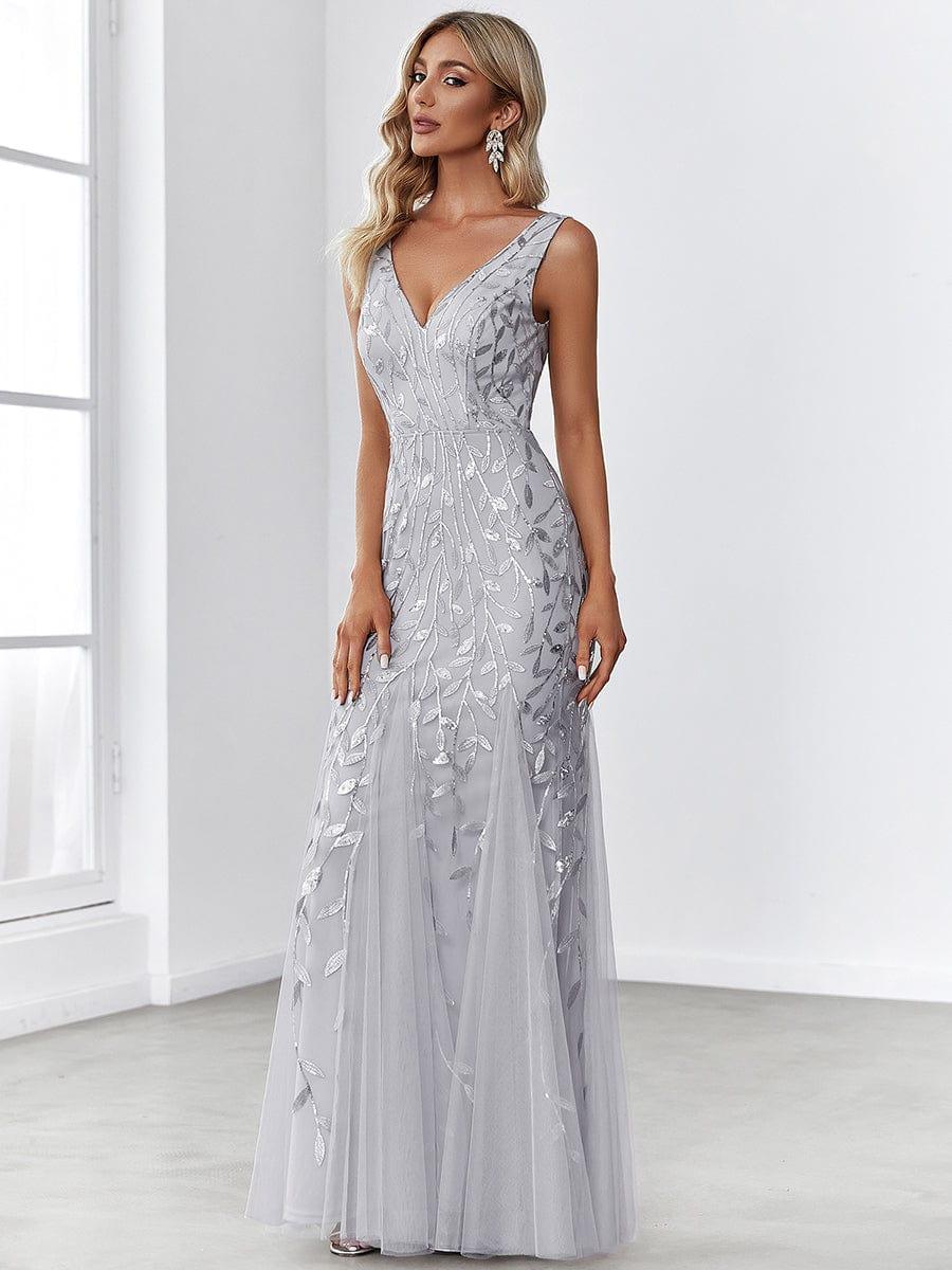 Robe de soirée Longue Sexy en sequins col en V pour femmes #Couleur_Argent