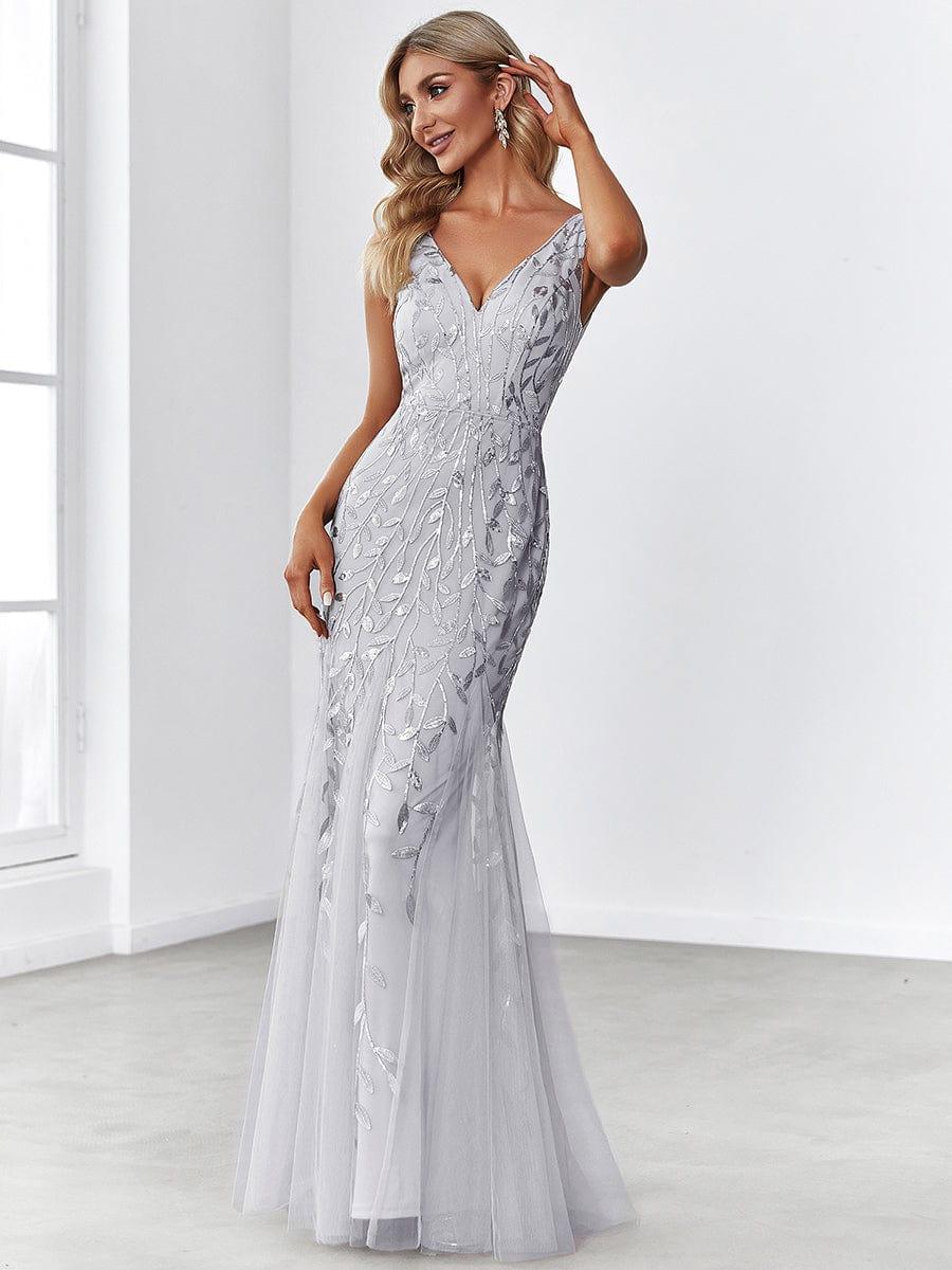 Robe de soirée Longue Sexy en sequins col en V pour femmes #Couleur_Argent