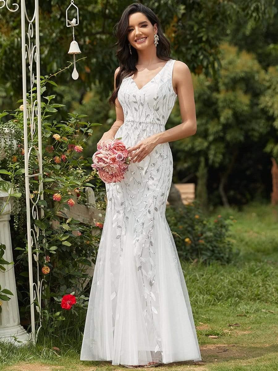 Robe de soirée Longue Sexy en sequins col en V pour femmes #Couleur_Blanc
