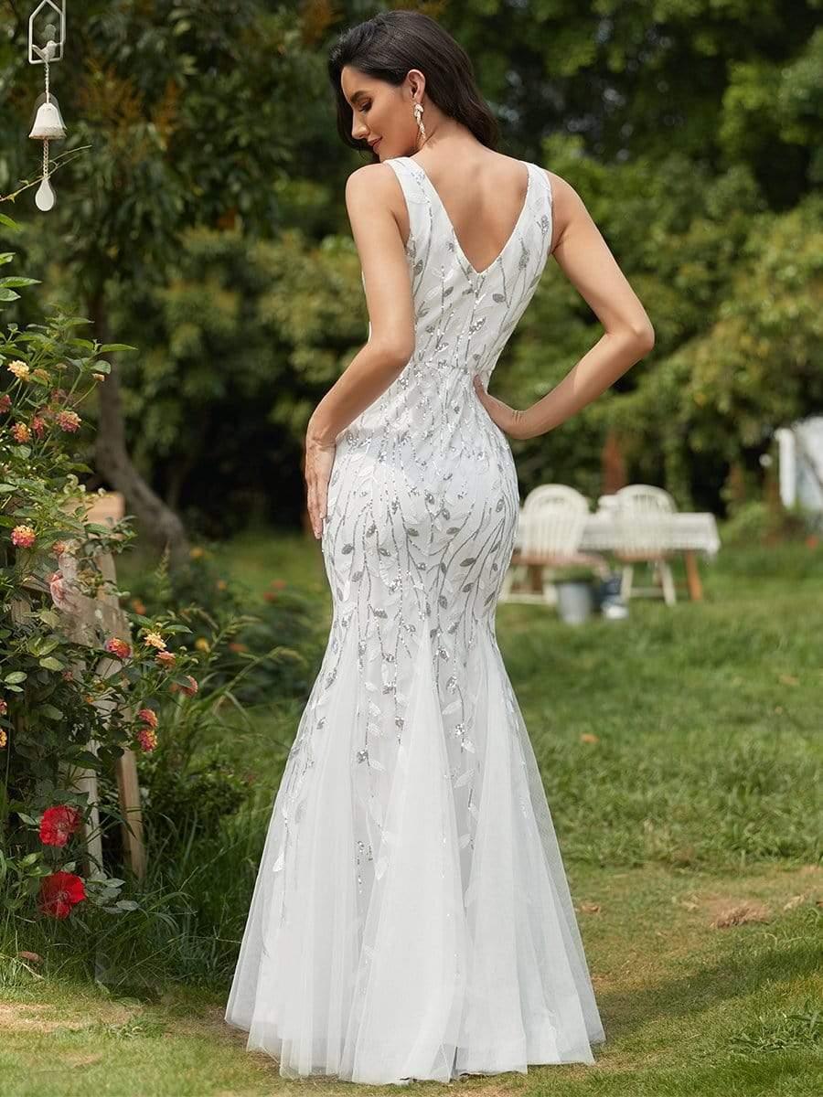 Robe de soirée Longue Sexy en sequins col en V pour femmes #Couleur_Blanc