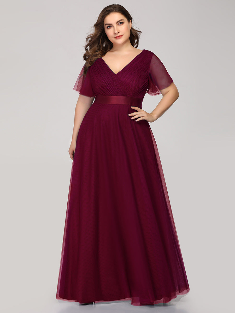 Robe Demoiselle D'Honneur Longue à Col V Et Manches Courtes Pour Femmes #Couleur_Bordeaux