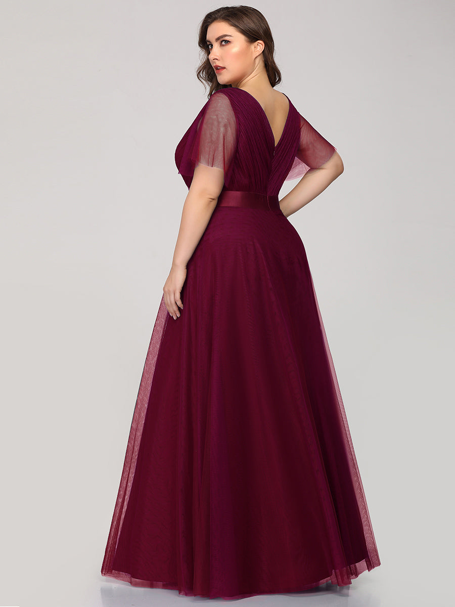 Robe Demoiselle D'Honneur Longue à Col V Et Manches Courtes Pour Femmes #Couleur_Bordeaux