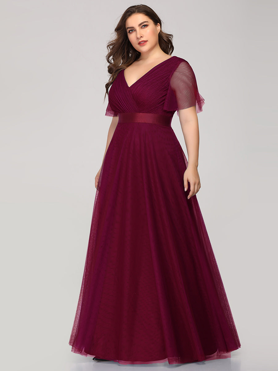 Robe Demoiselle D'Honneur Longue à Col V Et Manches Courtes Pour Femmes #Couleur_Bordeaux