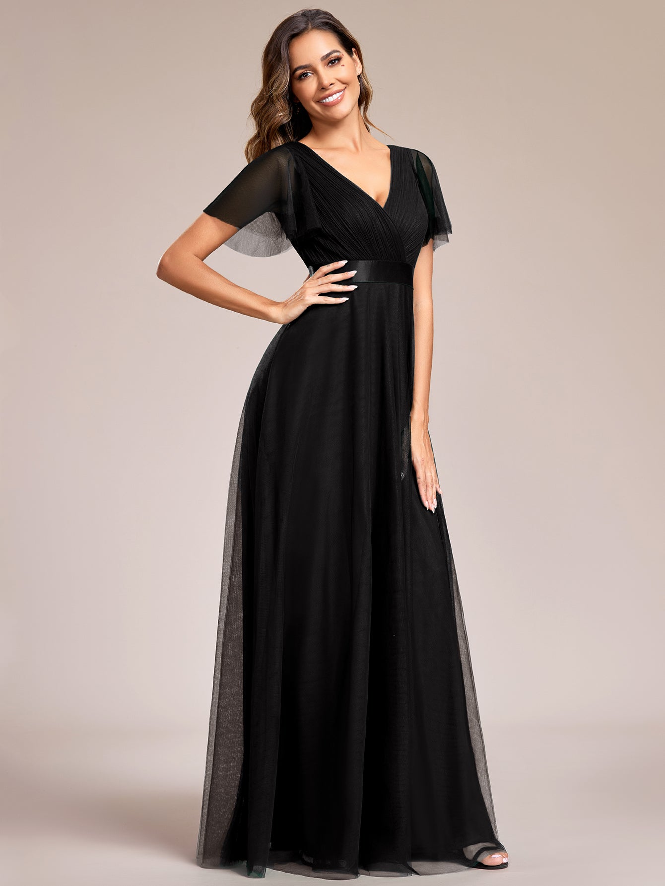 Robe de demoiselle d'honneur longue en maille trapèze #Couleur_Noir