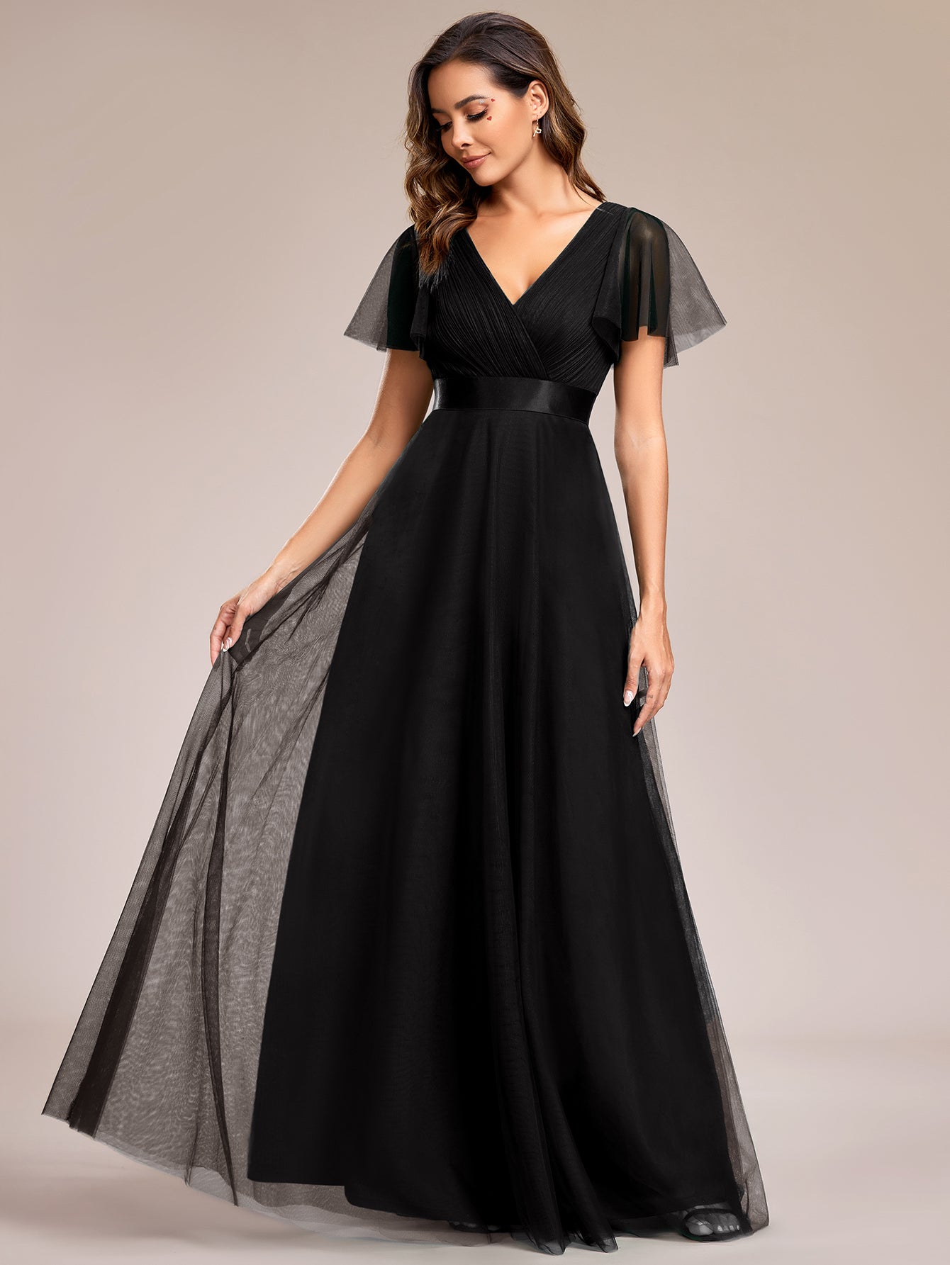Robe de demoiselle d'honneur longue en maille trapèze #Couleur_Noir