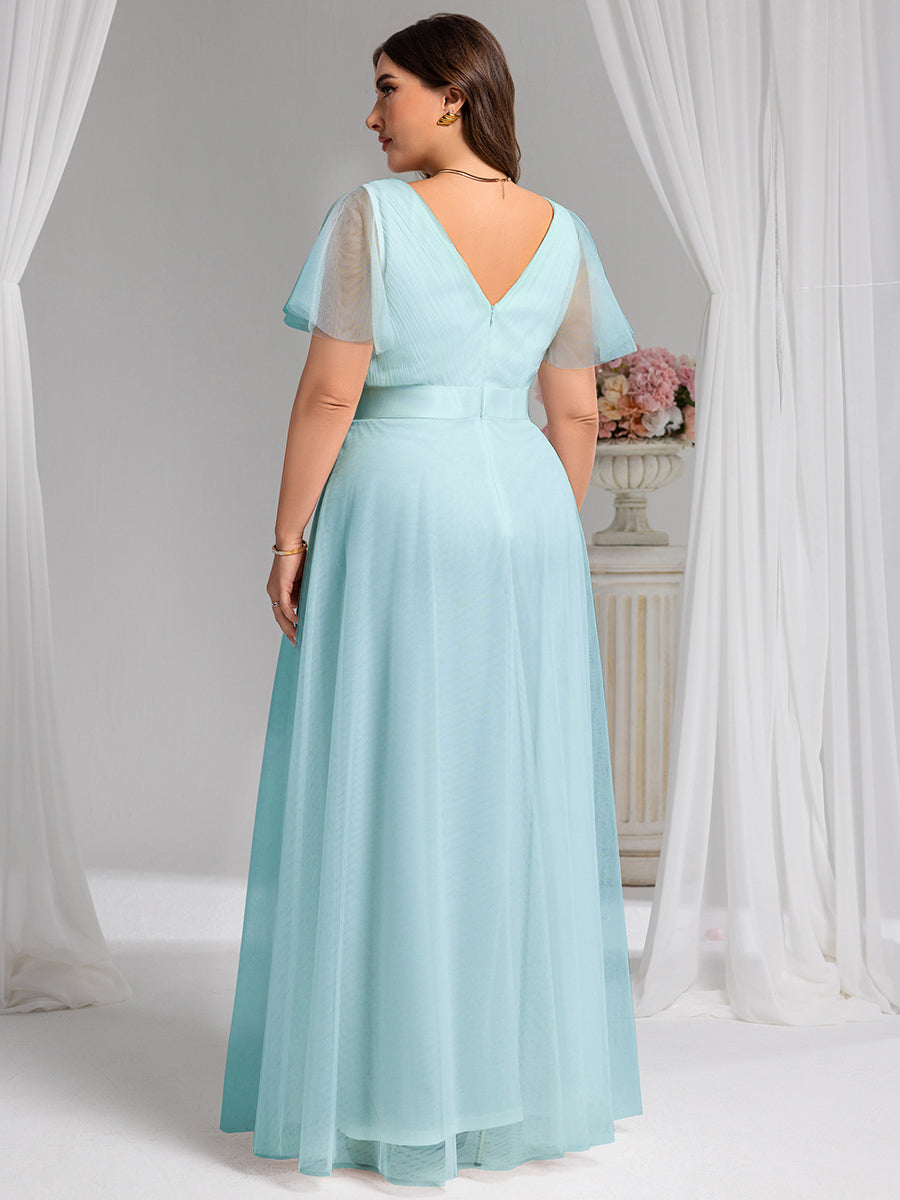 Robe mariage invitée à manches courtes et à double col V pour femmes #Couleur_Bleu Ciel