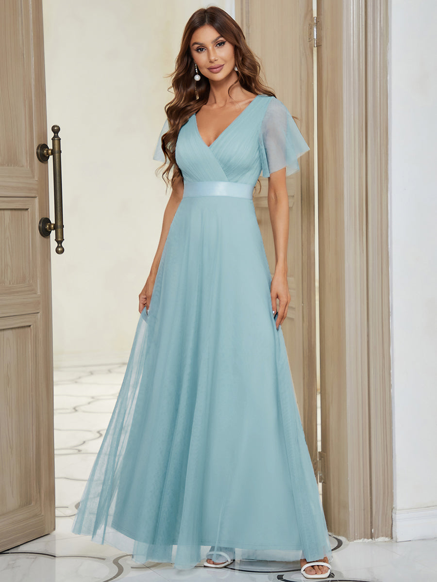 Robe de Soirée à manches courtes et à double col V pour femmes #Couleur_Bleu Ciel