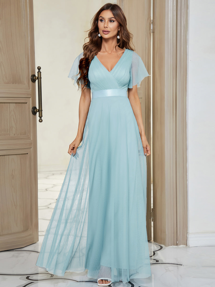 Robe mariage invitée à manches courtes et à double col V pour femmes #Couleur_Bleu Ciel