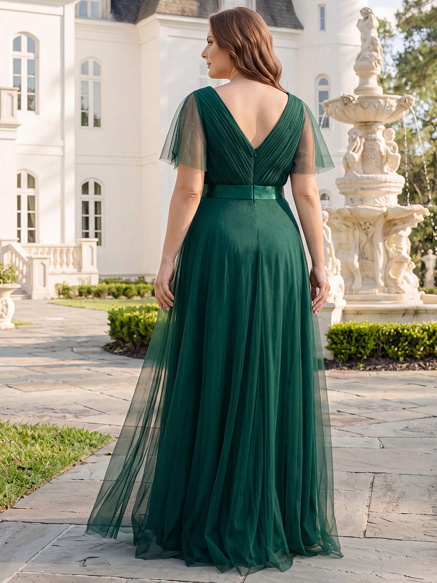 Robe de Soirée à manches courtes et à double col V pour femmes #Couleur_Vert Fonce
